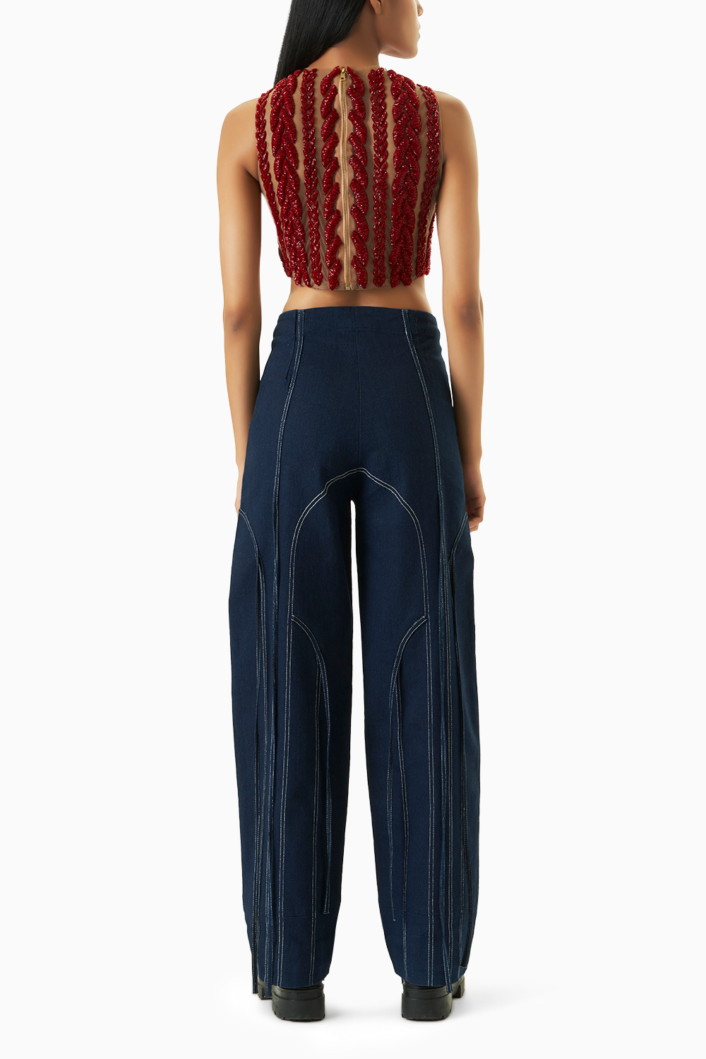 Crimson Knit Blouse with Denim Pant