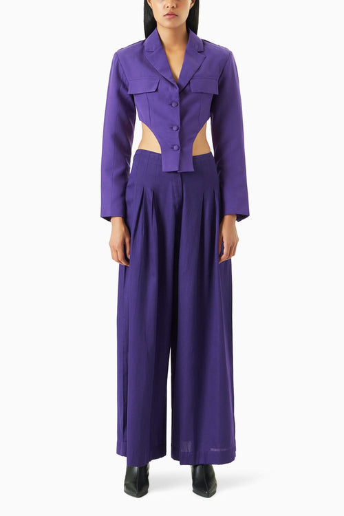 Blackcurrant Asymmetrical Blazer with Flared Trousers