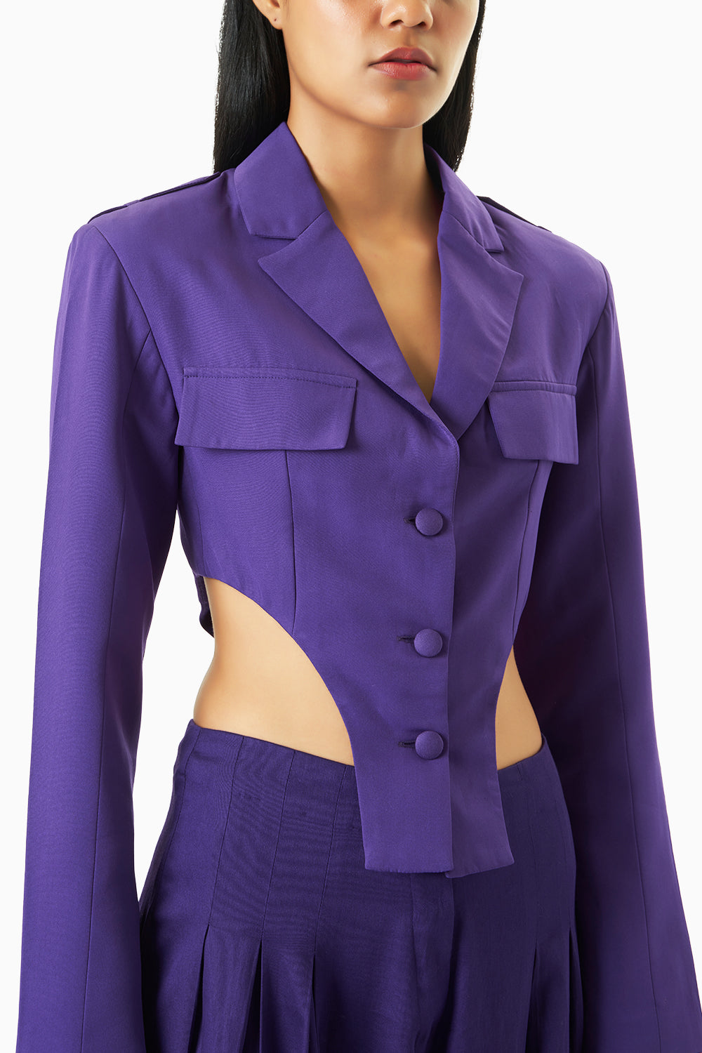 Blackcurrant Asymmetrical Blazer with Flared Trousers