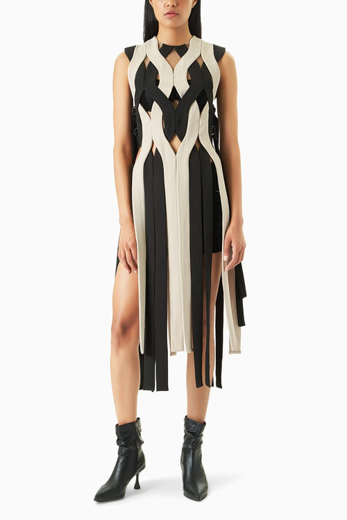 Monochrome Knit Panelled Vest with Ties