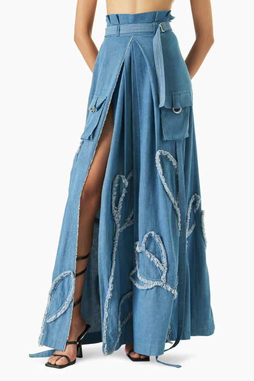 Cobalt Denim Floral Appliqué Skirt