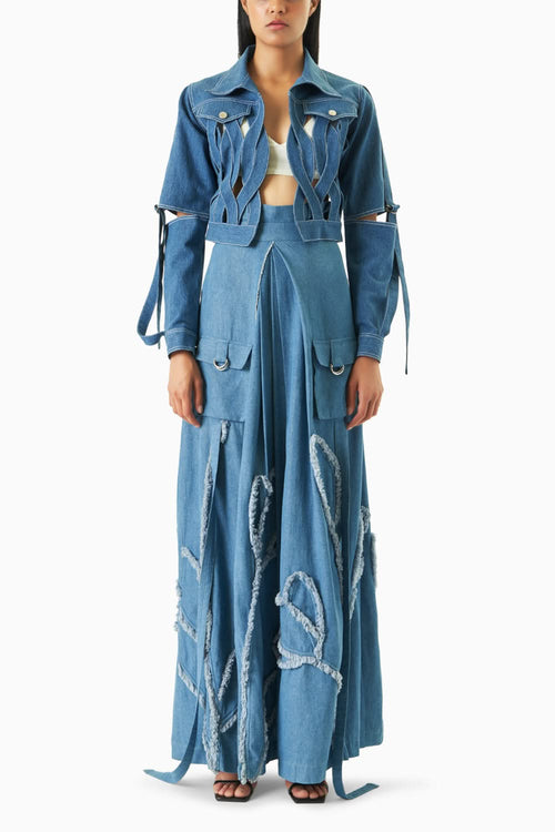 Denim Loop Jacket with Floral AppliquÃƒÂ© Skirt