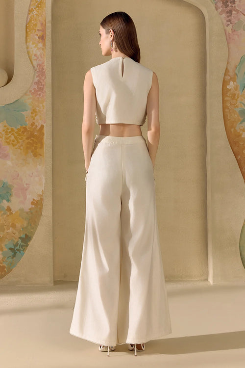 Ivory 3D Daisy Crop Top And Pants Set