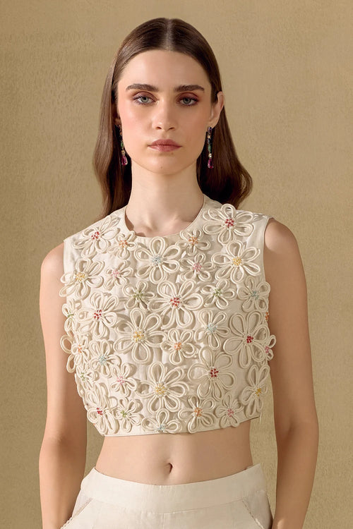 Ivory Fleur Long Jacket With Crop Top And Pants