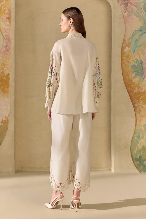 Ivory Fleur Cutout Shirt And Pants Set