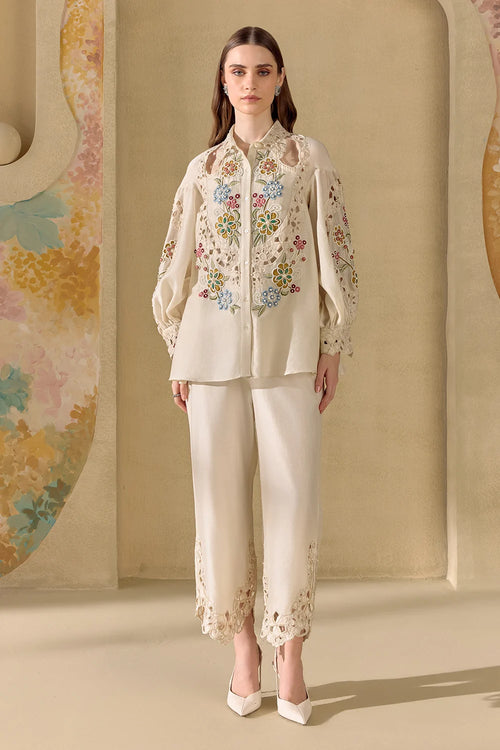 Ivory Fleur Cutout Shirt And Pants Set