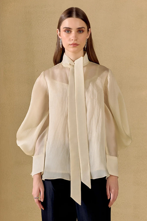 Ivory Tieup Detail Shirt With Overlay And Skirt Set