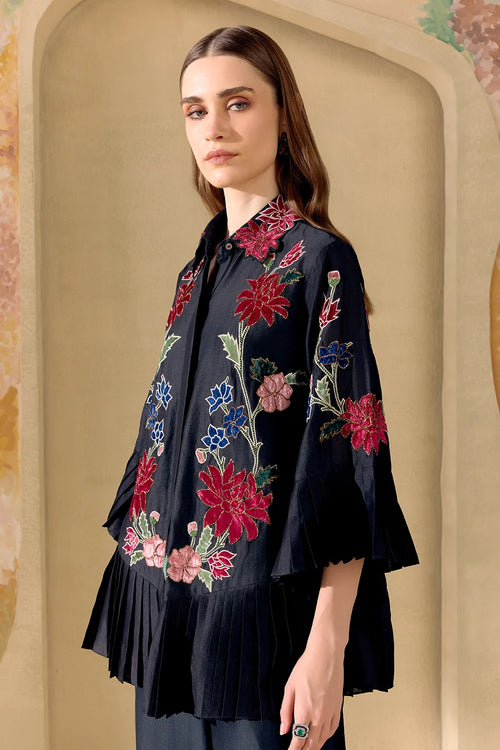 Black Botanica Pleated Shirt
