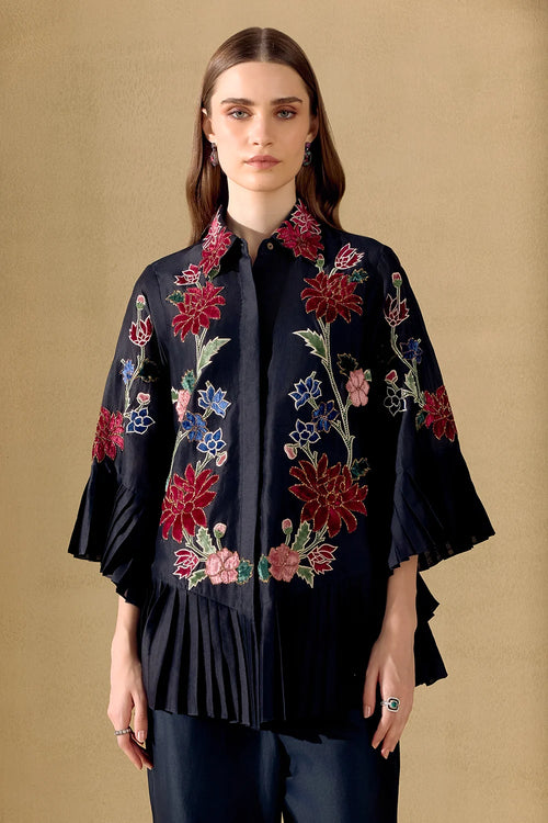 Black Botanica Pleated Shirt