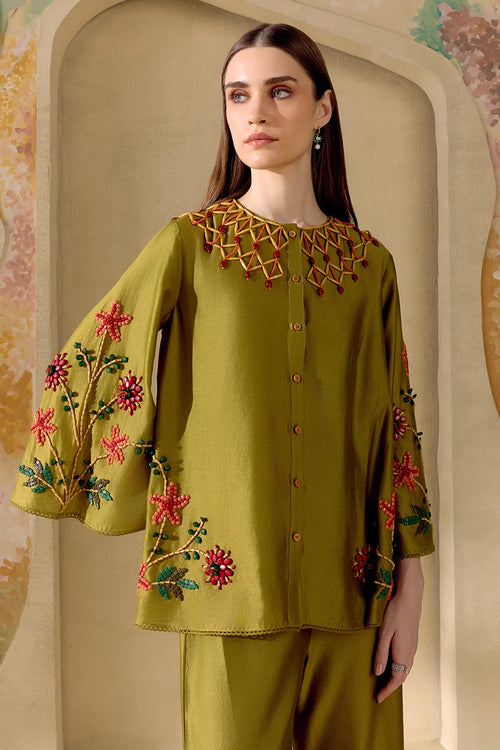 Olive Mosaic Beadwork Shirt