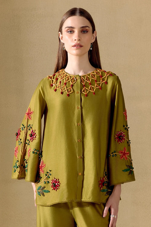Olive Mosaic Beadwork Shirt And Pants Set