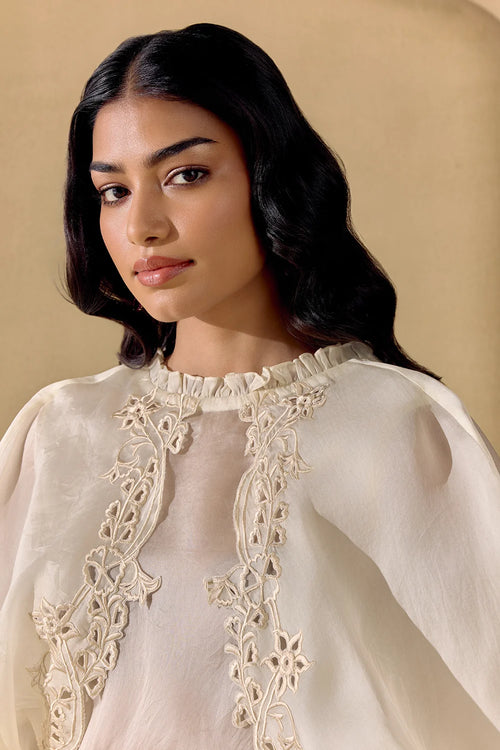 Ivory Cutwork Top And Skirt Set
