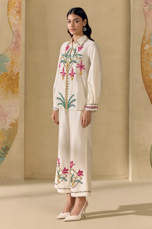 Ivory Mosaic Beadwork Shirt And Pants Set