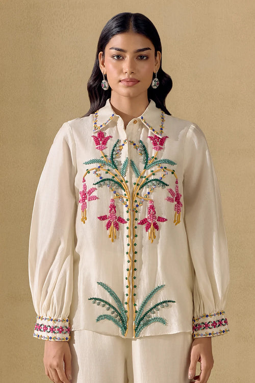 Ivory Mosaic Beadwork Shirt And Pants Set