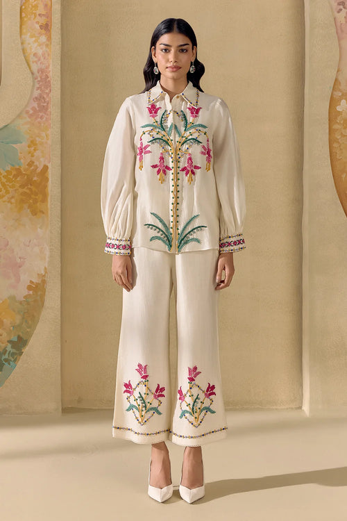 Ivory Mosaic Beadwork Shirt And Pants Set