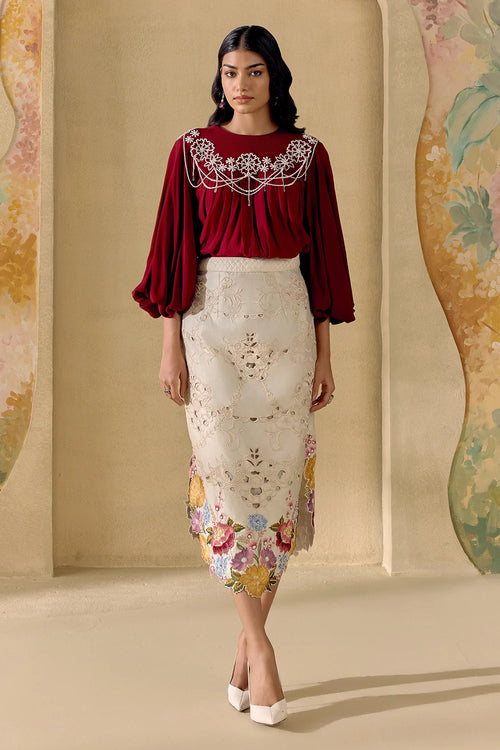 Ruby Contrast Beadwork Top And Skirt Set