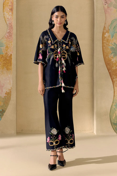 Black Floral Bloom Kaftan Shirt And Pants Set