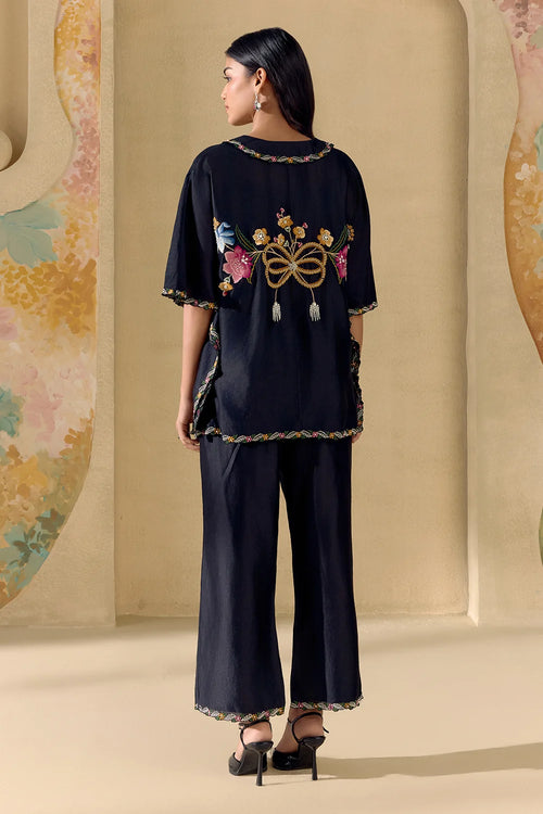 Black Floral Bloom Kaftan Shirt And Pants Set