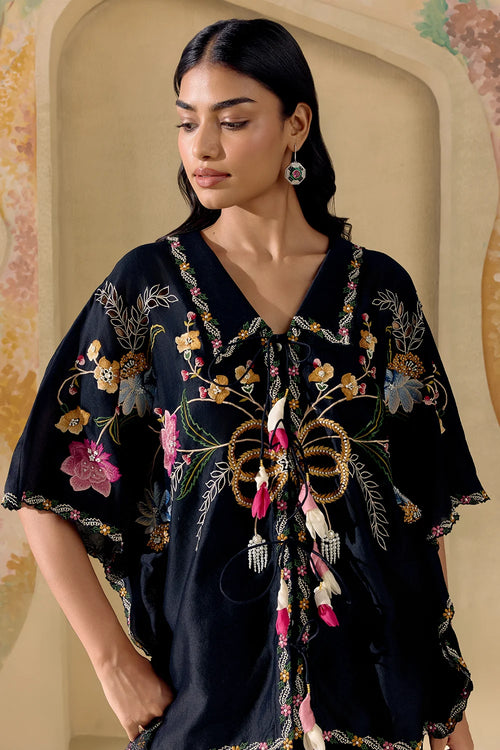 Black Floral Bloom Kaftan Shirt And Pants Set