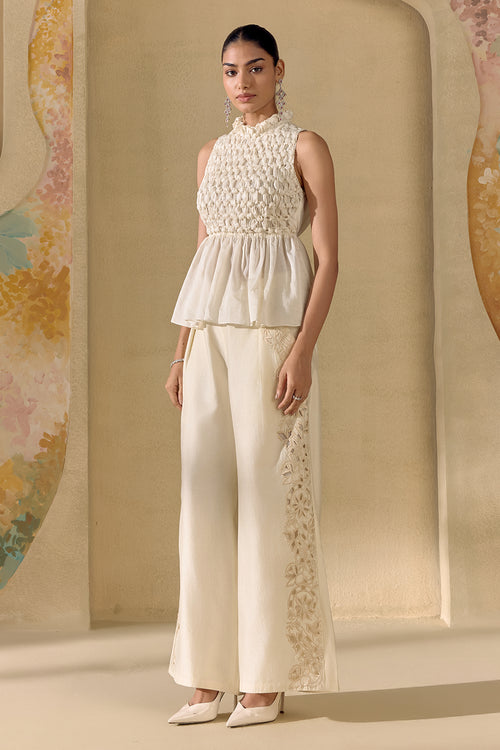 Ivory Shirred Top And Pants Set