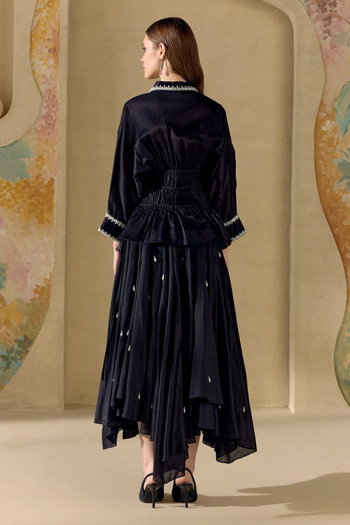 Black Fleur Pleated Kimono Shirt And Skirt Set