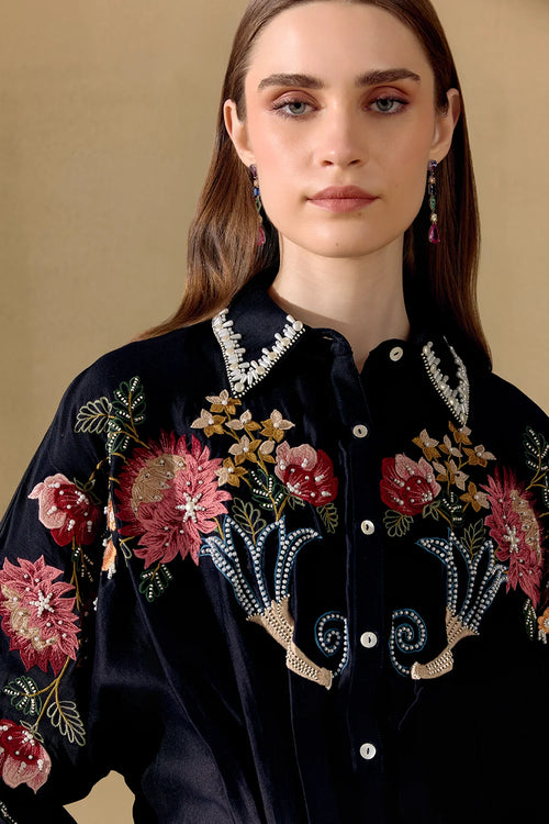 Black Fleur Pleated Kimono Shirt