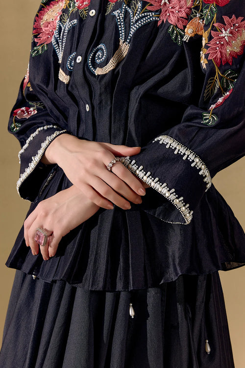Black Fleur Pleated Kimono Shirt And Skirt Set