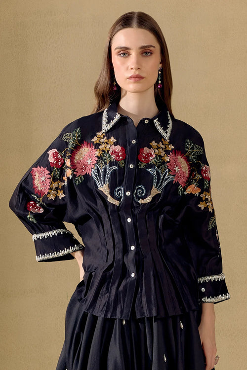 Black Fleur Pleated Kimono Shirt