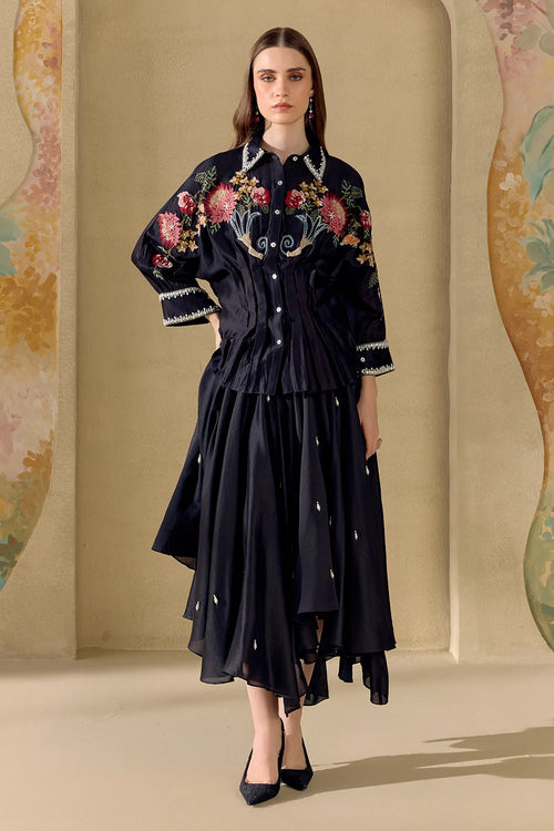 Black Fleur Pleated Kimono Shirt And Skirt Set