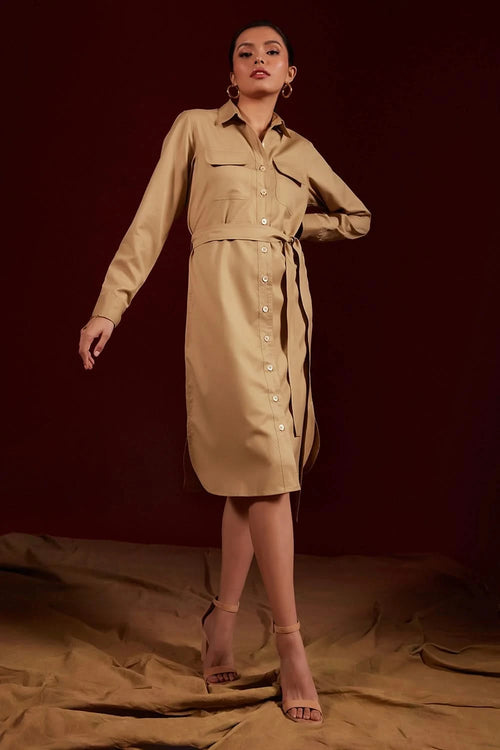 Tan Double Pocket Shirt Dress