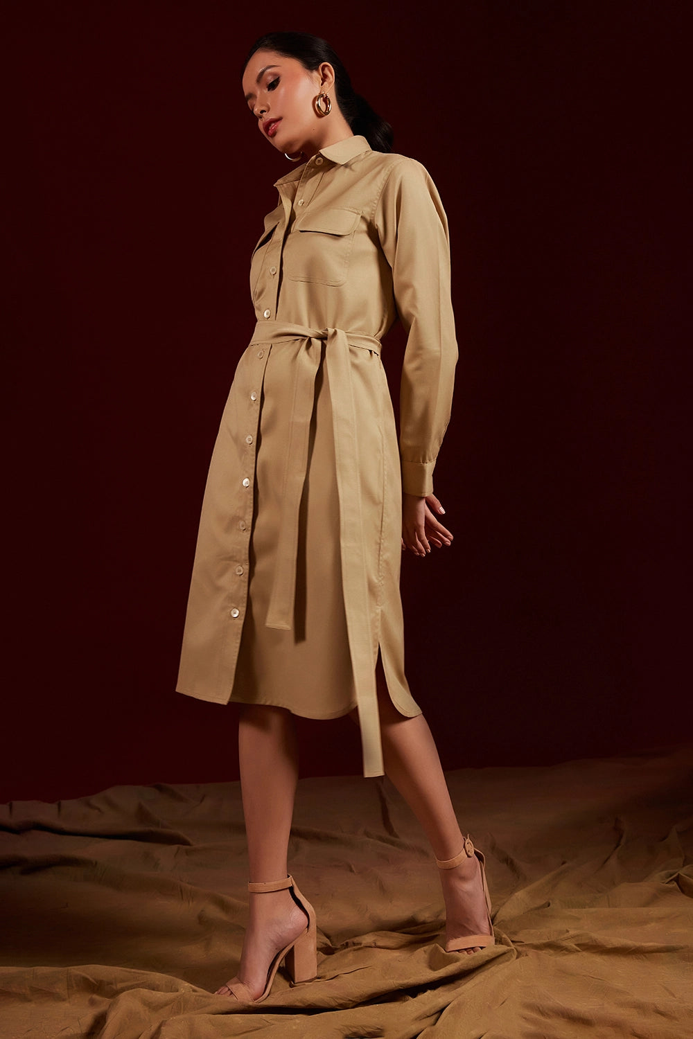 Tan Double Pocket Shirt Dress