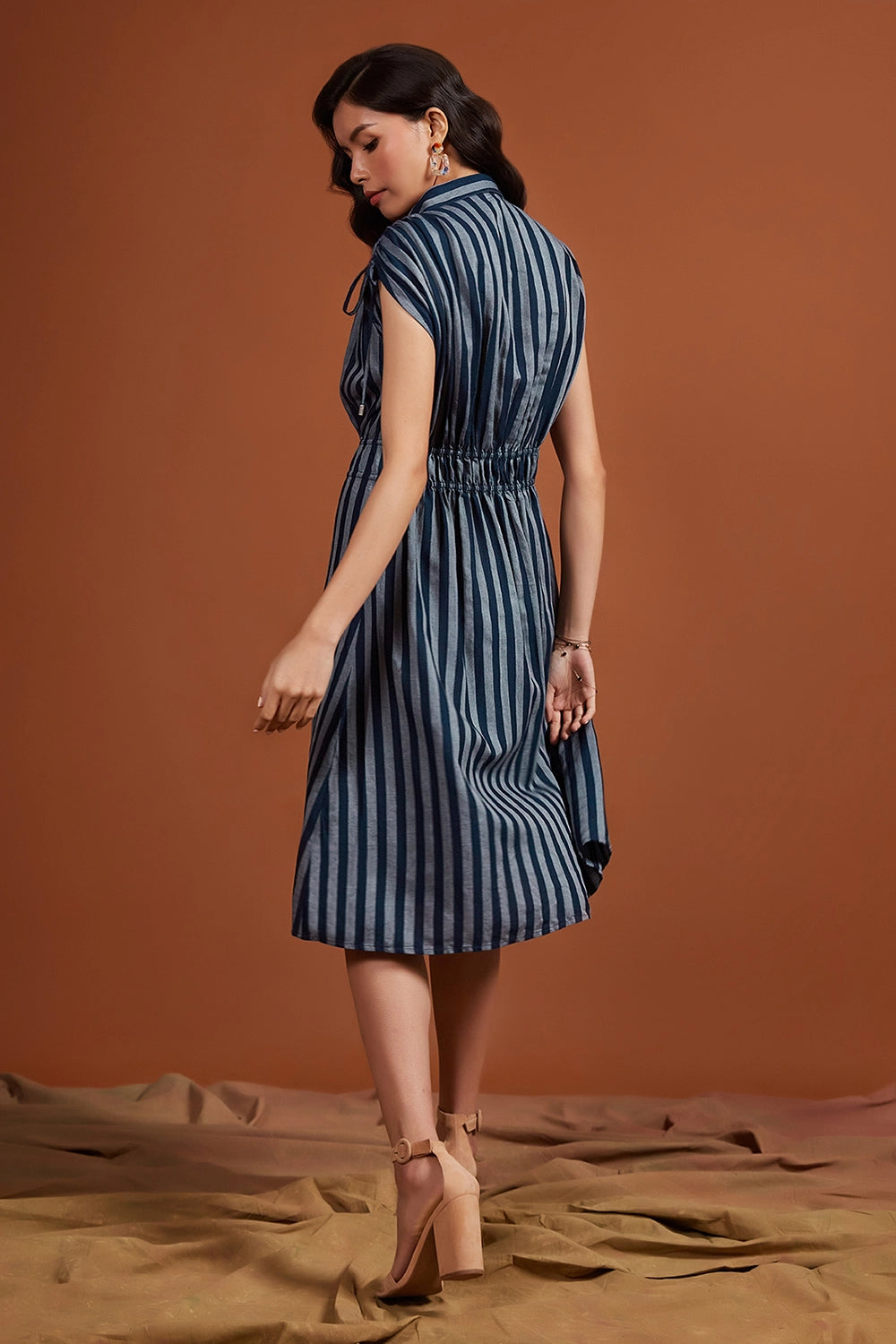 Tencel Navy Striped Sleeveless Midi