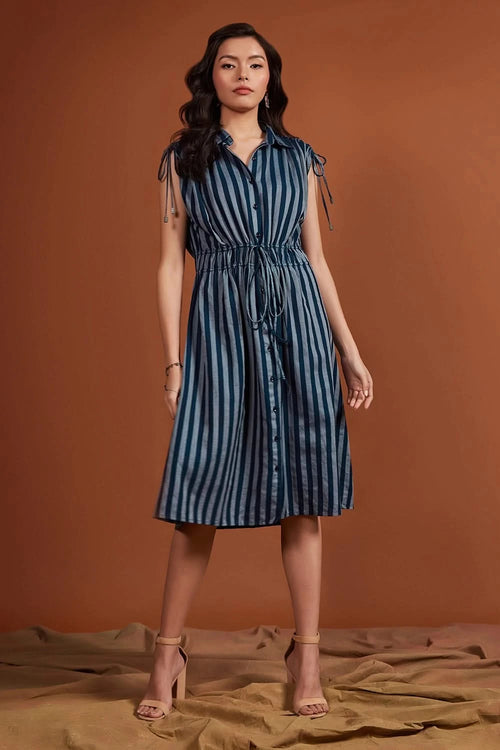 Tencel Navy Striped Sleeveless Midi
