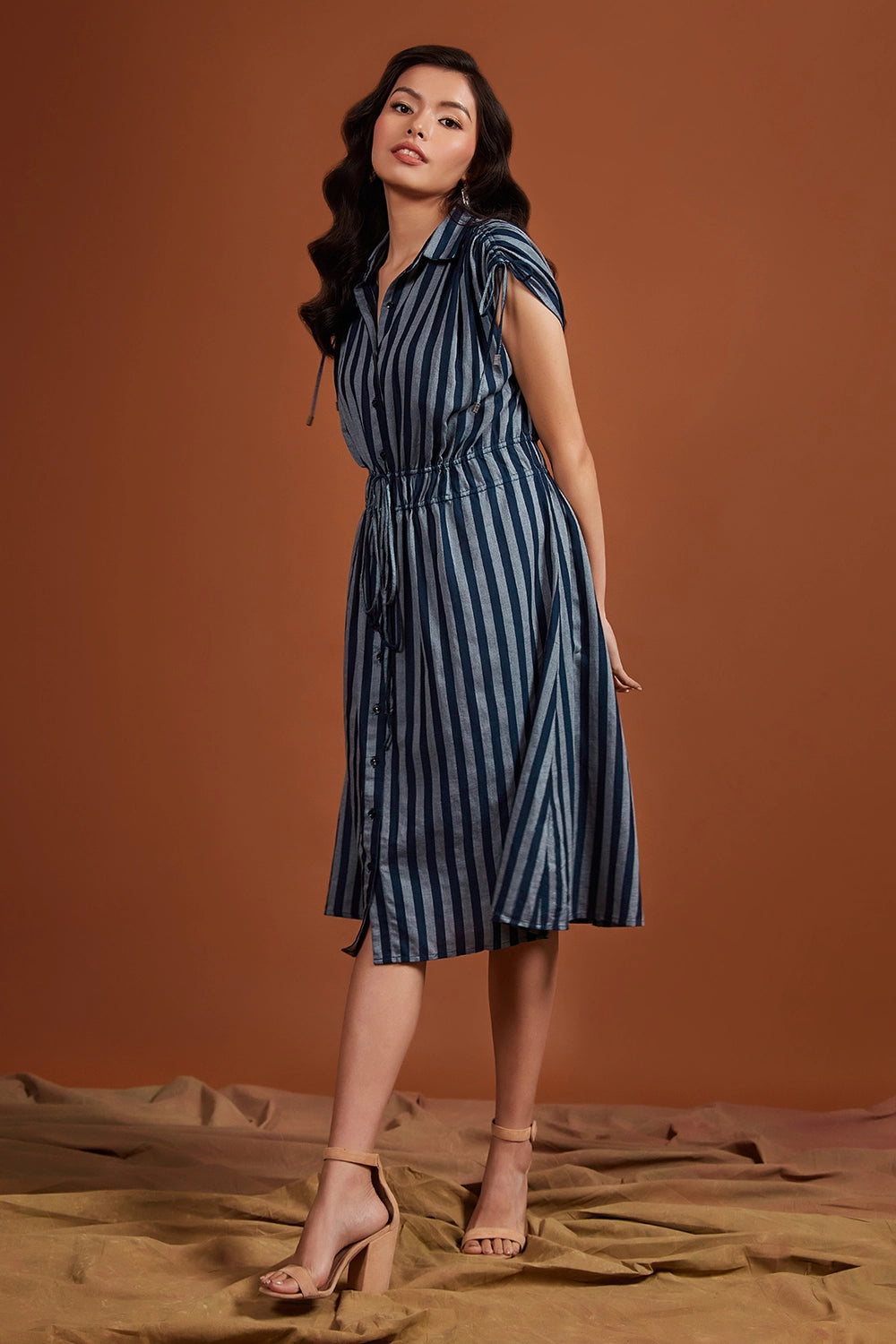 Tencel Navy Striped Sleeveless Midi