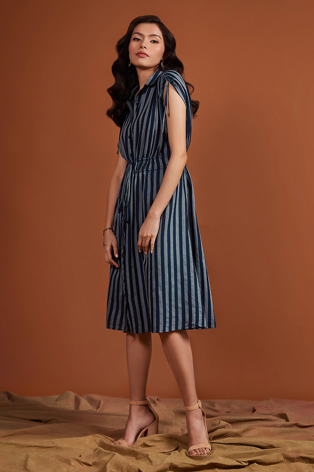 Tencel Navy Striped Sleeveless Midi