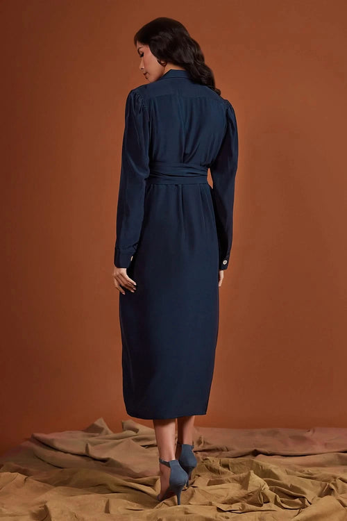 Navy Silk Crepe Shirt Dress