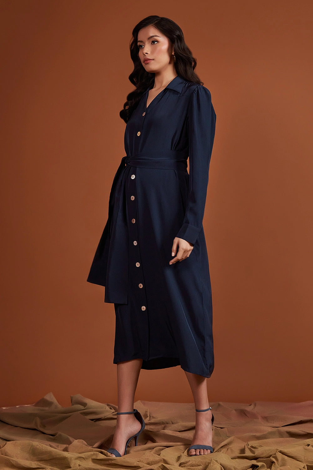 Navy Silk Crepe Shirt Dress