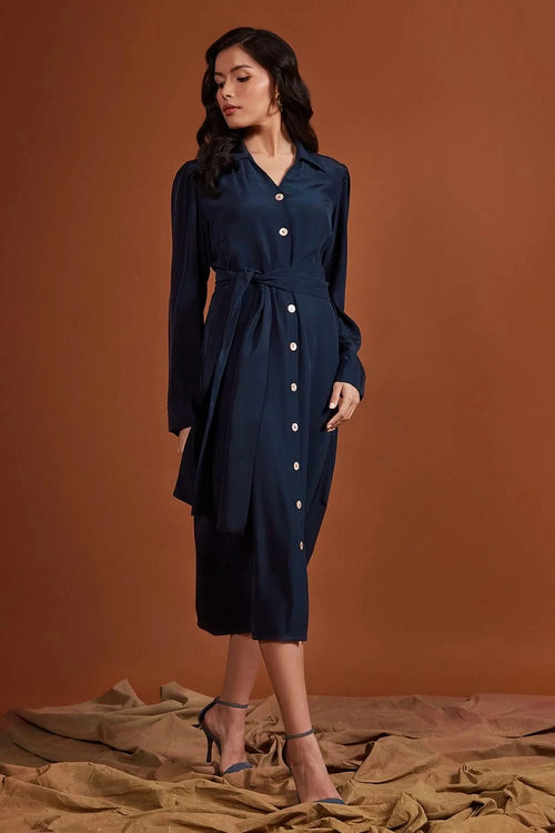 Navy Silk Crepe Shirt Dress