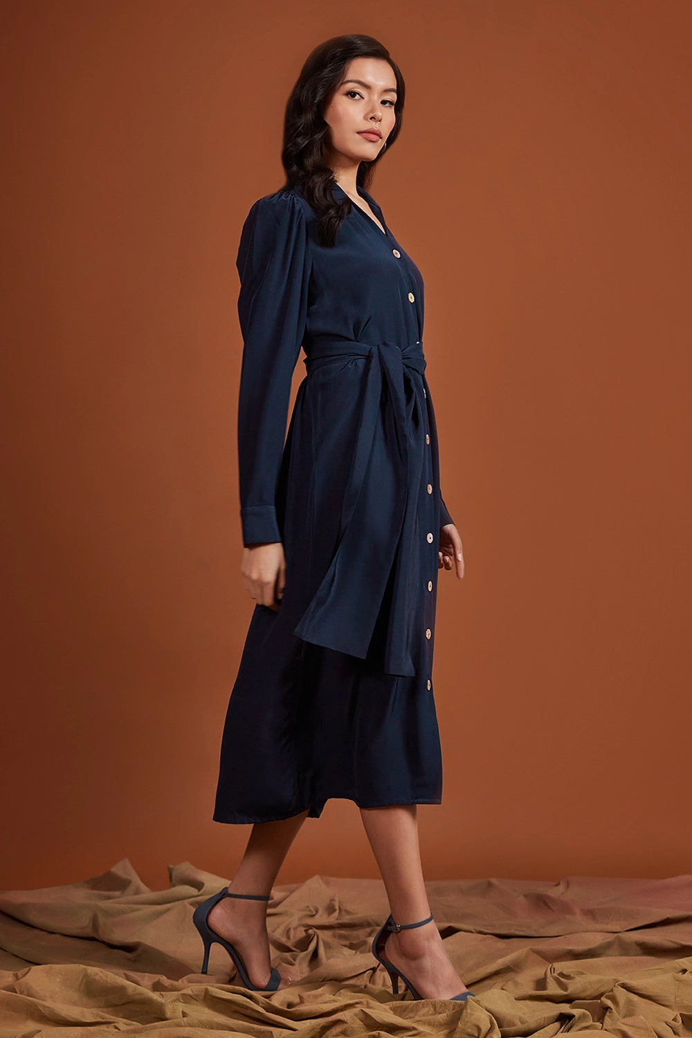 Navy Silk Crepe Shirt Dress