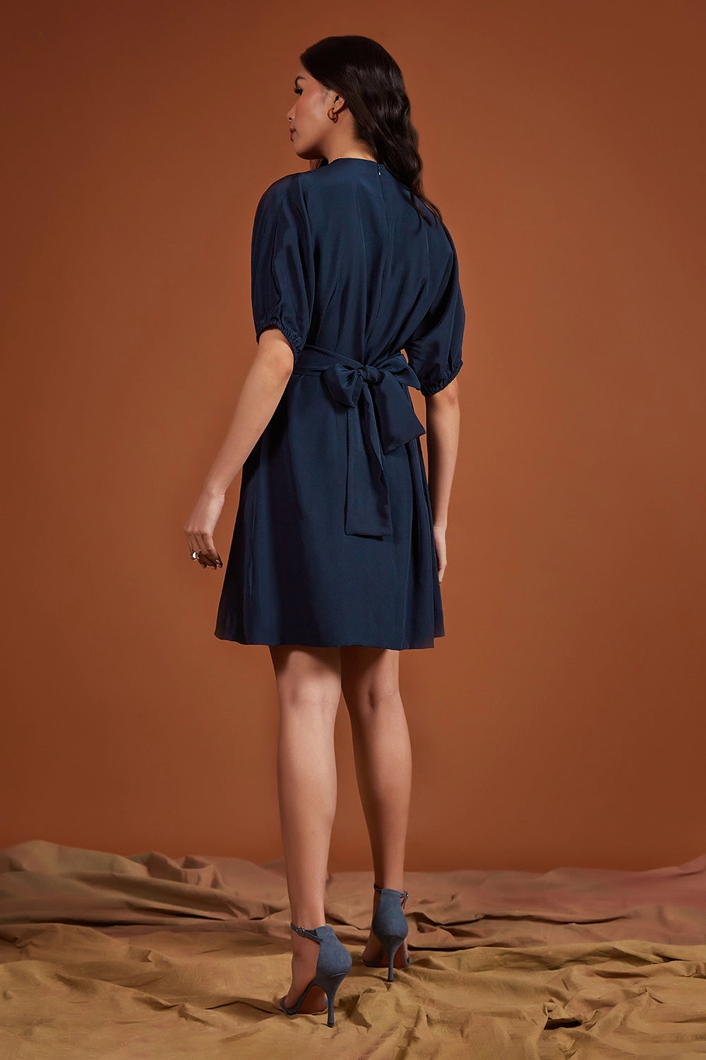 Navy Silk Crepe High Neck Pleated Dress