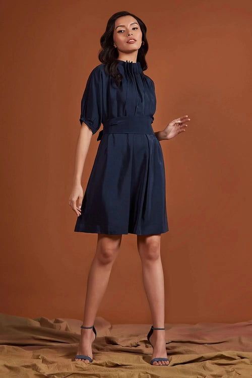 Navy Silk Crepe High Neck Pleated Dress