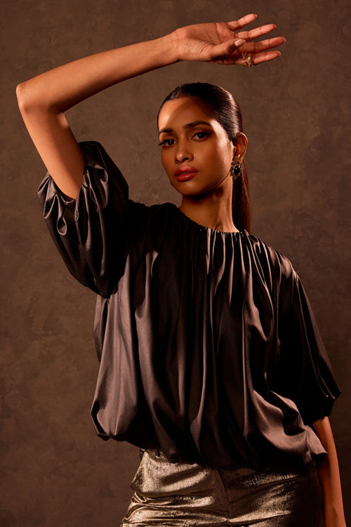 Black Lame Gathered Bubble Top