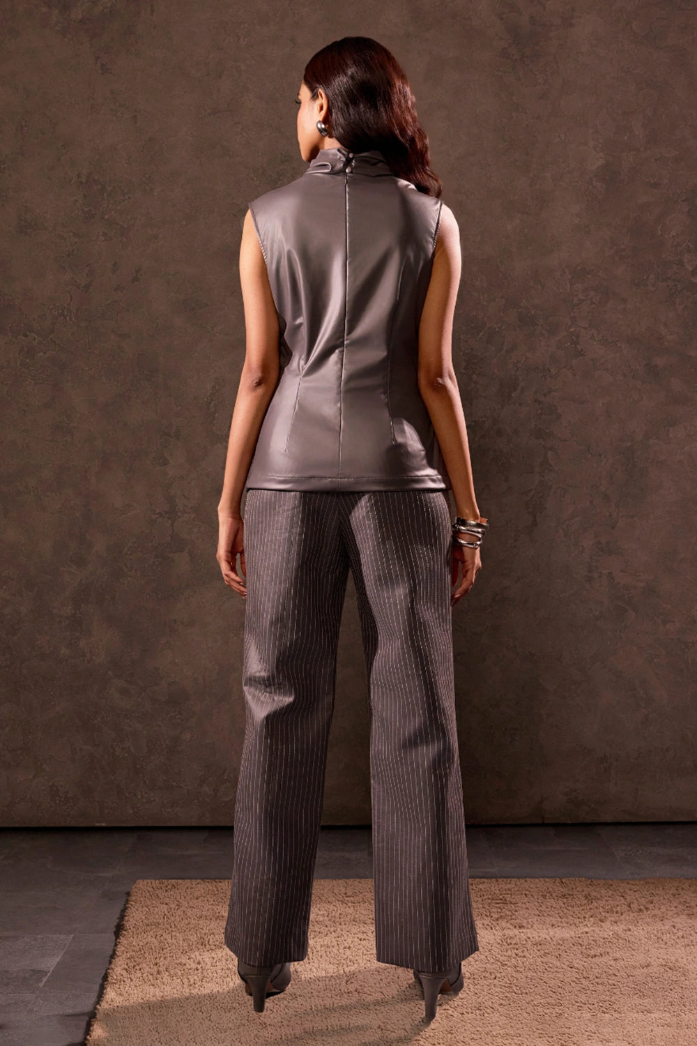 Grey Faux Leather Straight Fit Trousers with Stitch Detail