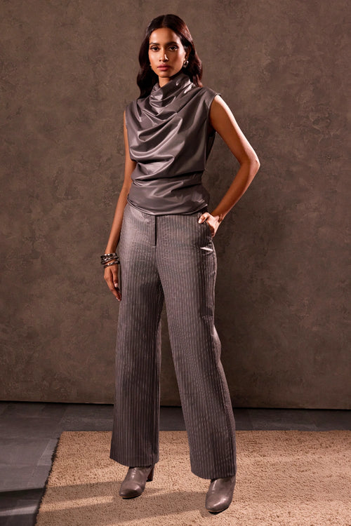 Grey Faux Leather Straight Fit Trousers with Stitch Detail