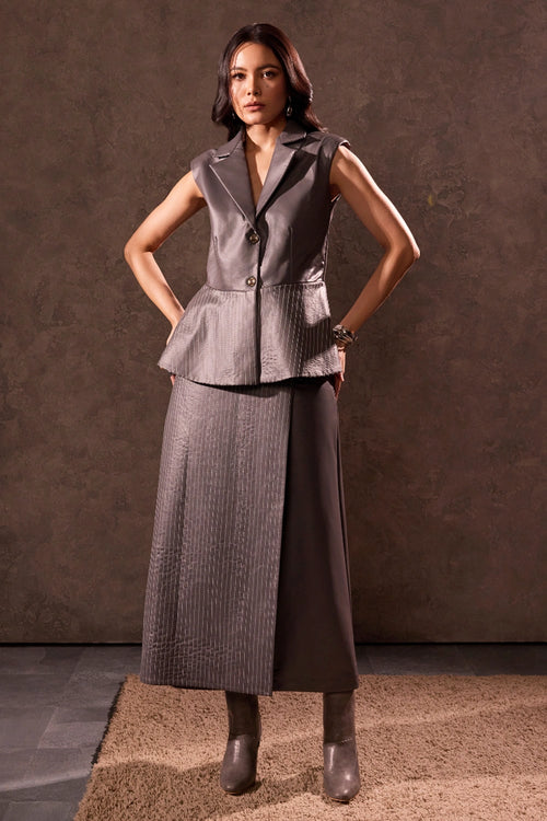 Grey Faux Leather Wrap Long Skirt with Stitch Detail