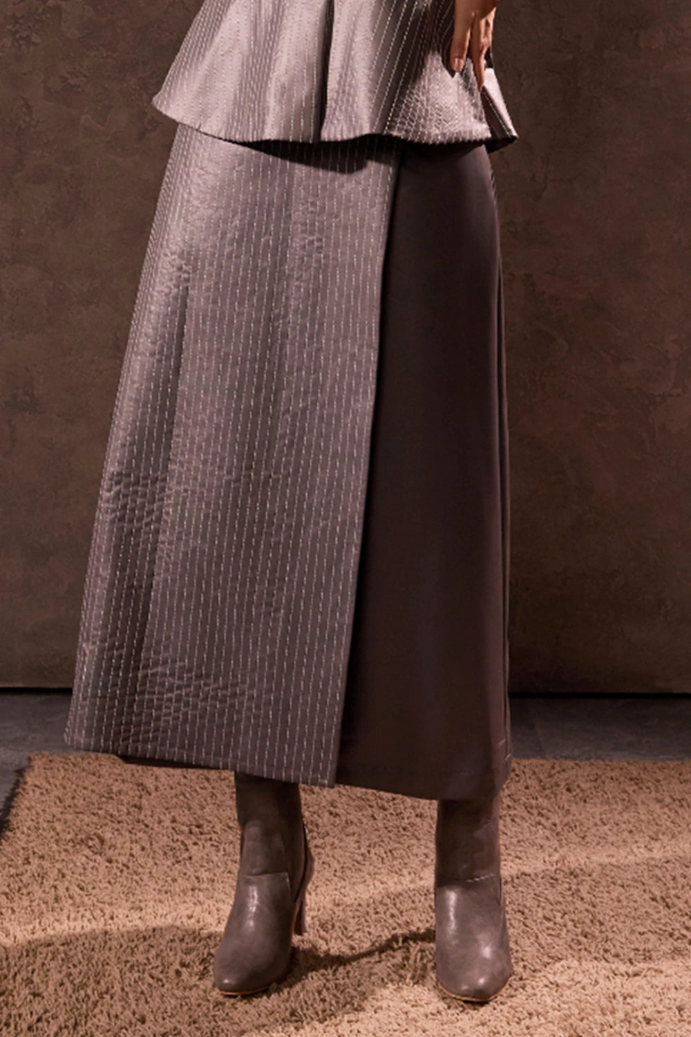 Grey Faux Leather Wrap Long Skirt with Stitch Detail