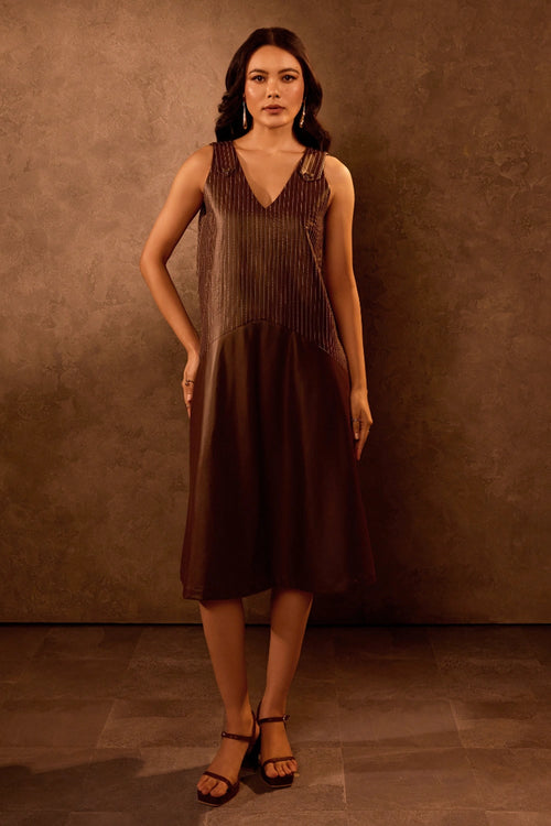 Mocha Faux Leather Trapese Dress with Stitch Detail