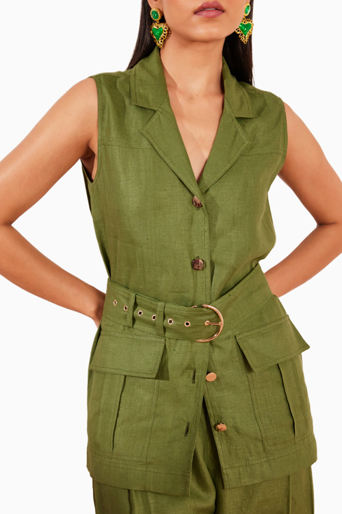 Moss Green Hemp Sleeveless Jacket