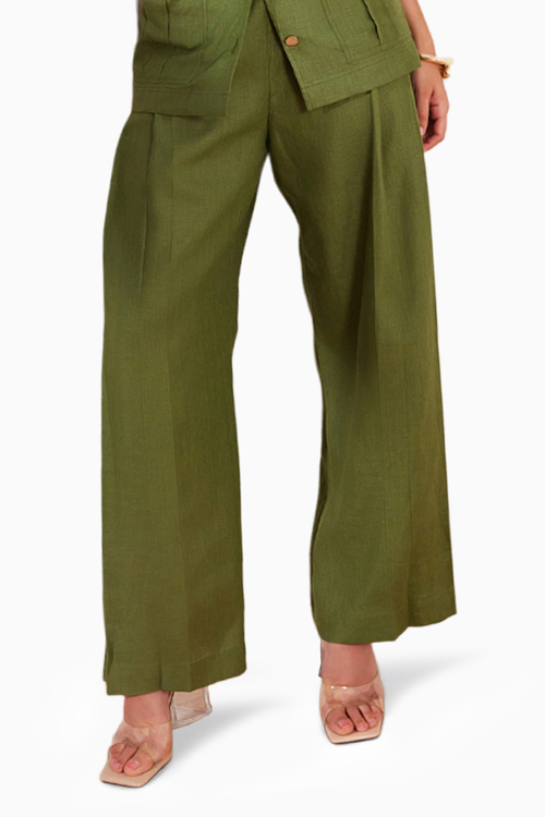 Moss Green Hemp Pleated Trousers