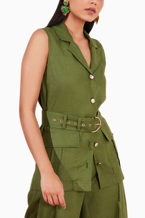 Moss Green Hemp Sleeveless Jacket